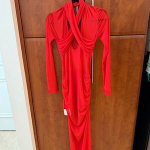 Mew Mews Red Long-Sleeve Draped Maxi Dress